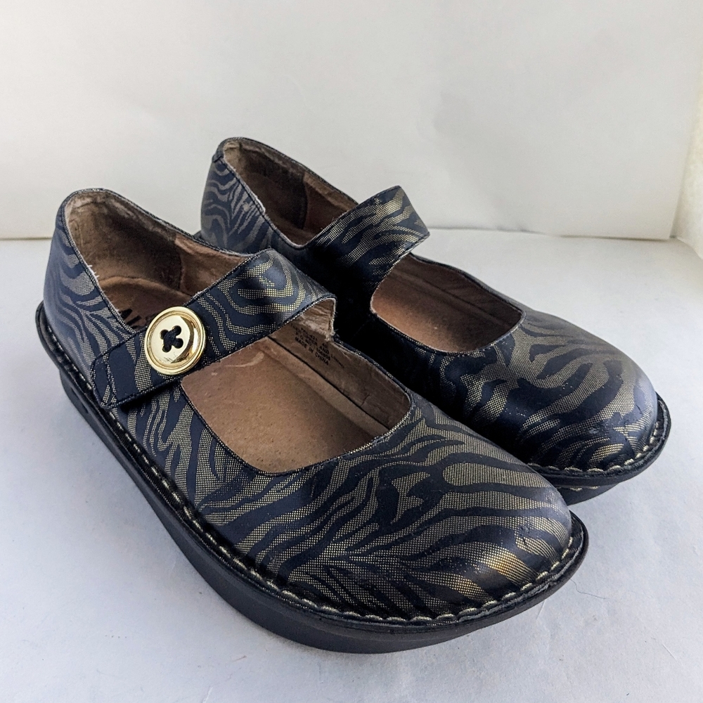 Alegria Paloma Bronze Gold Zebra Print Mary Jane Clog Platform Shoe Sz 9.5/10